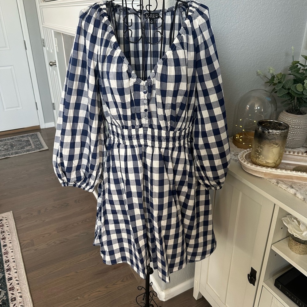 J. Crew Factory Navy and White Gingham Smocked Waist Dress
